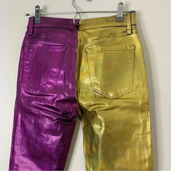 Rare J BRAND Metallic Foil Colorblock Aqua/Lime/Purple/Gold Skinny Jeans size 26
